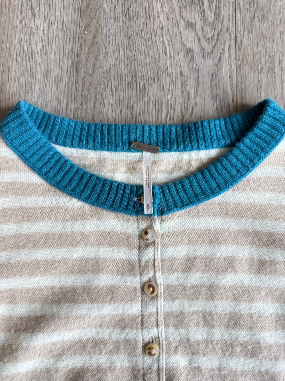 Free People Striped Beige and Cream Button-Front Sweater with Teal Trim - Picture 3 of 4